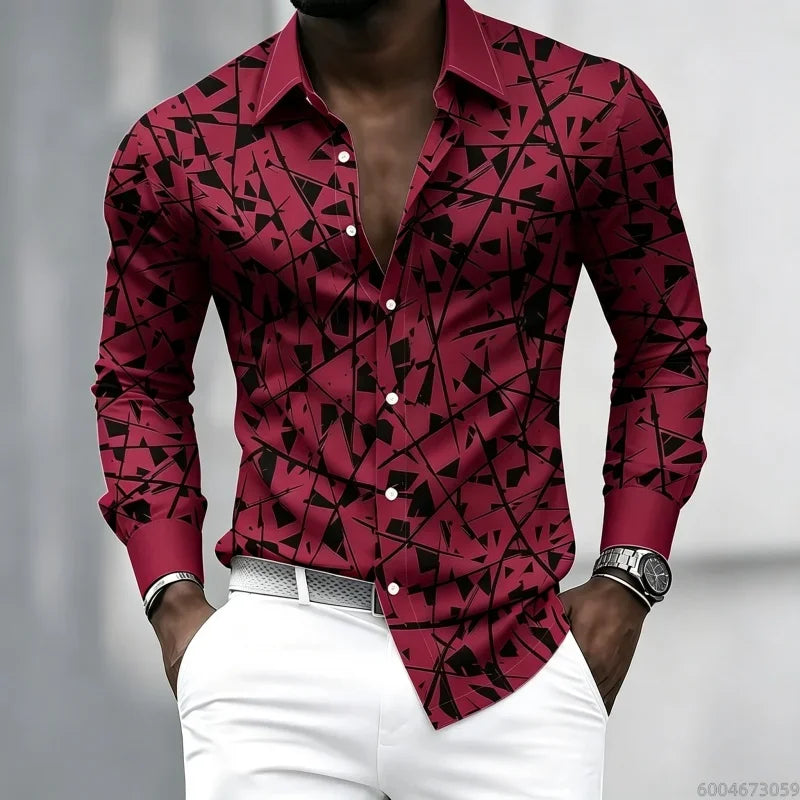 YCZWZW080798S Color Men's Geometric Print Lapel Shirt Casual Long Sleeve