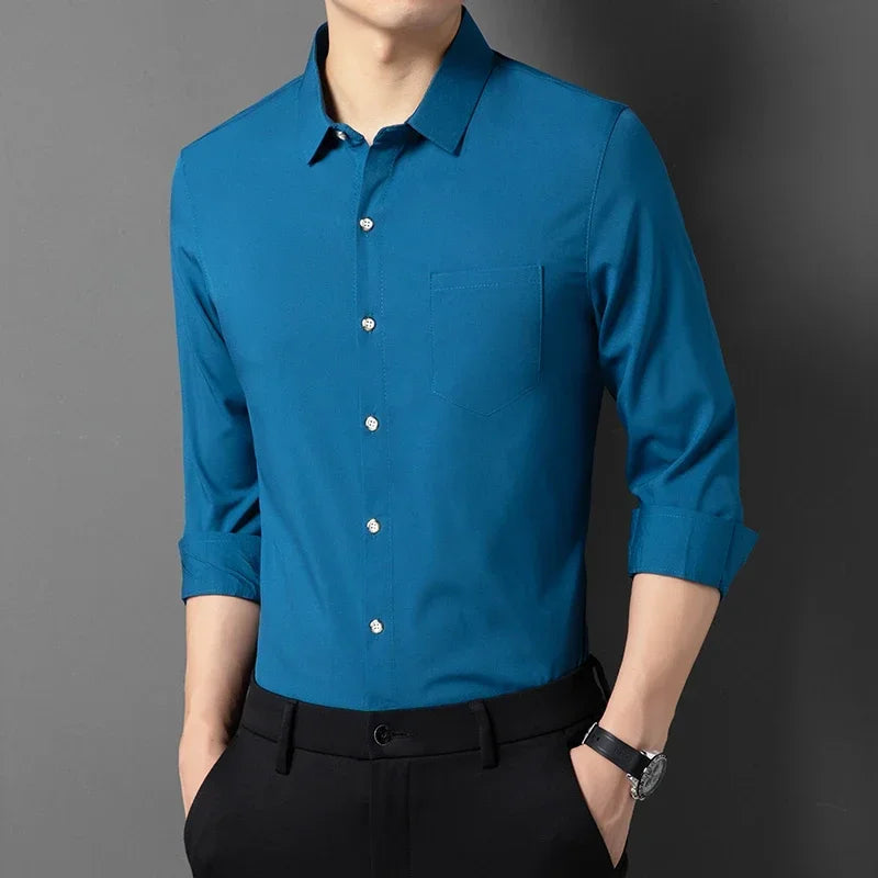 Lake blue Color Men's Wrinkle-Resistant Long Sleeve Smart Casual Shirt