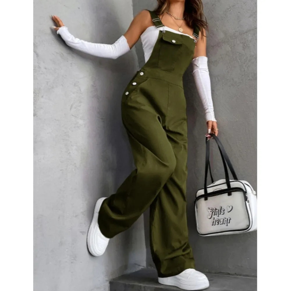 Women’s Loose Wide Leg Bib Overalls With Pockets