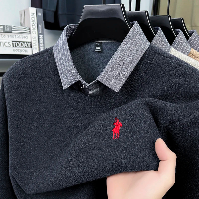 Men’s Fleece-Lined Knit Sweater with Shirt Collar