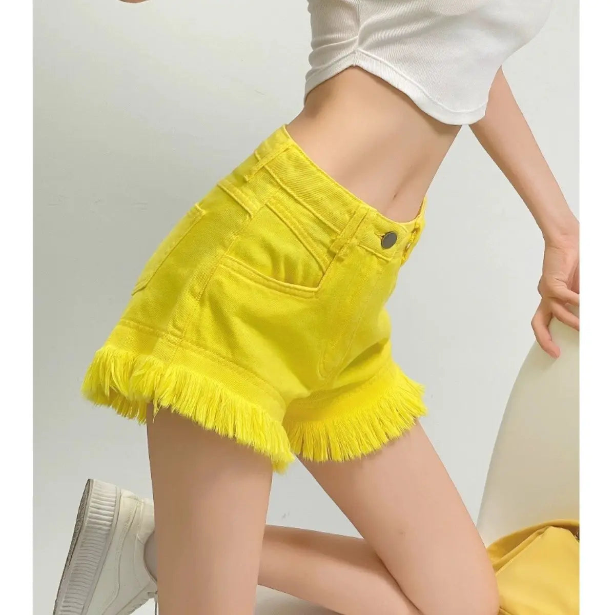 High Waisted Denim Shorts For Women With Tassel Hem