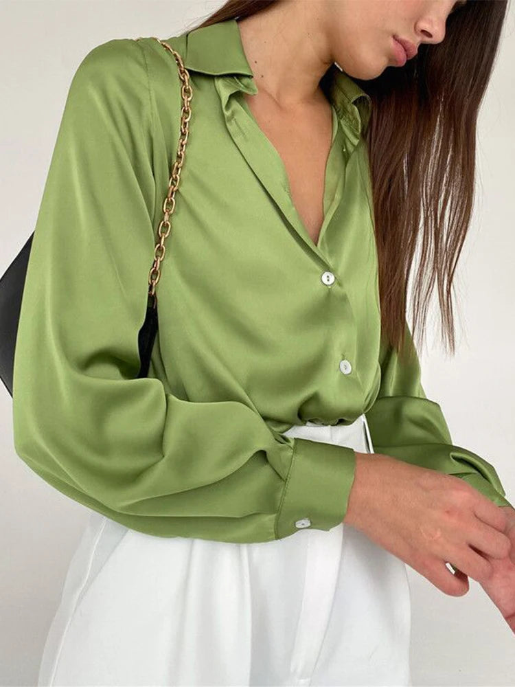 Light Green Color Women’s Satin Button-Up Blouse For Office Or Casual