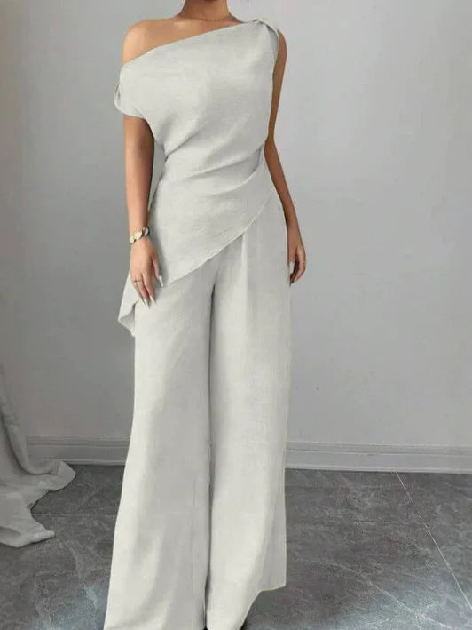 White Color One Shoulder Wide Leg Jumpsuit Set For Women