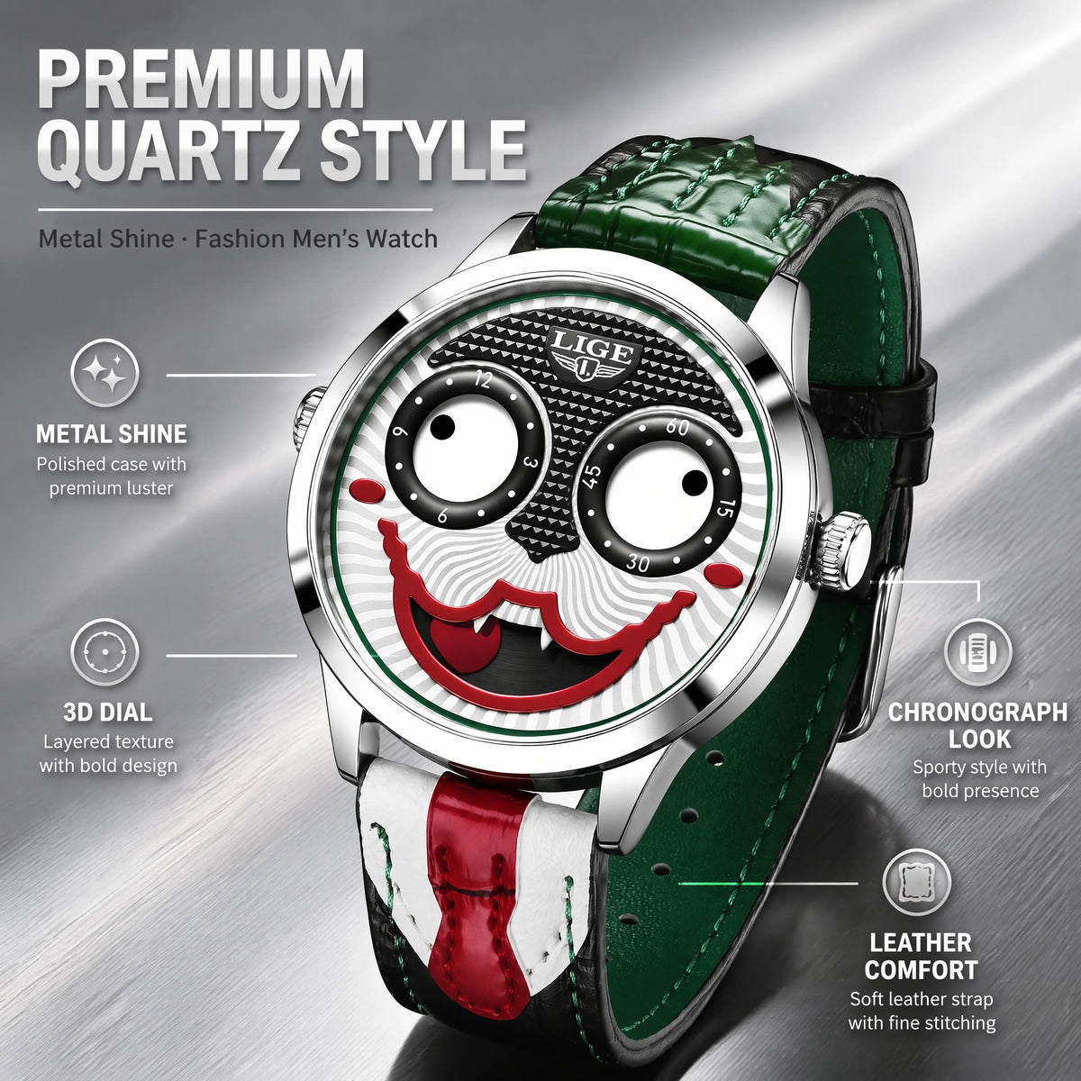 Men’s Quartz Watch With Clown Dial Leather Strap