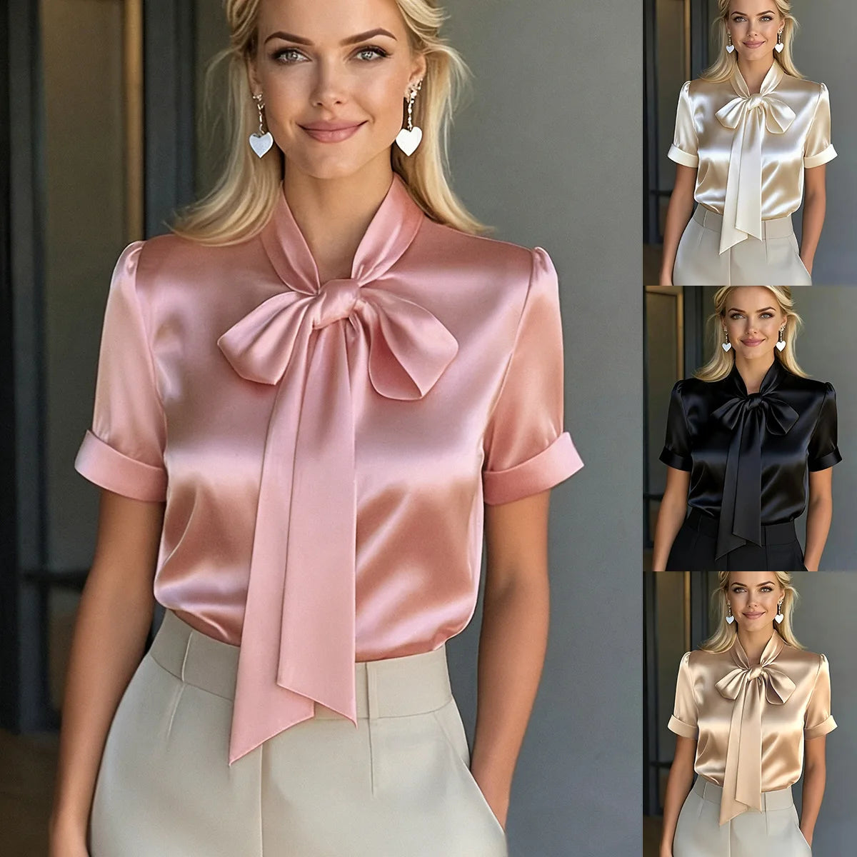 Women’s Satin Bow Blouse Short Sleeve Pullover Top