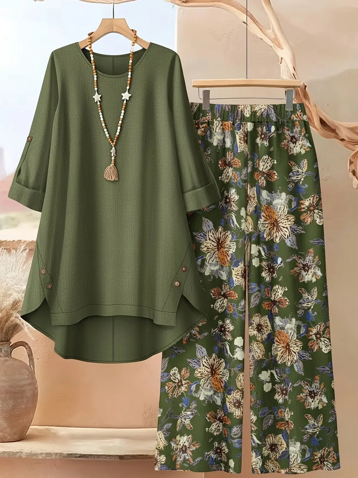 HJ400lv Color Plus Size Women’s Two Piece Set With Floral Wide Leg Pants