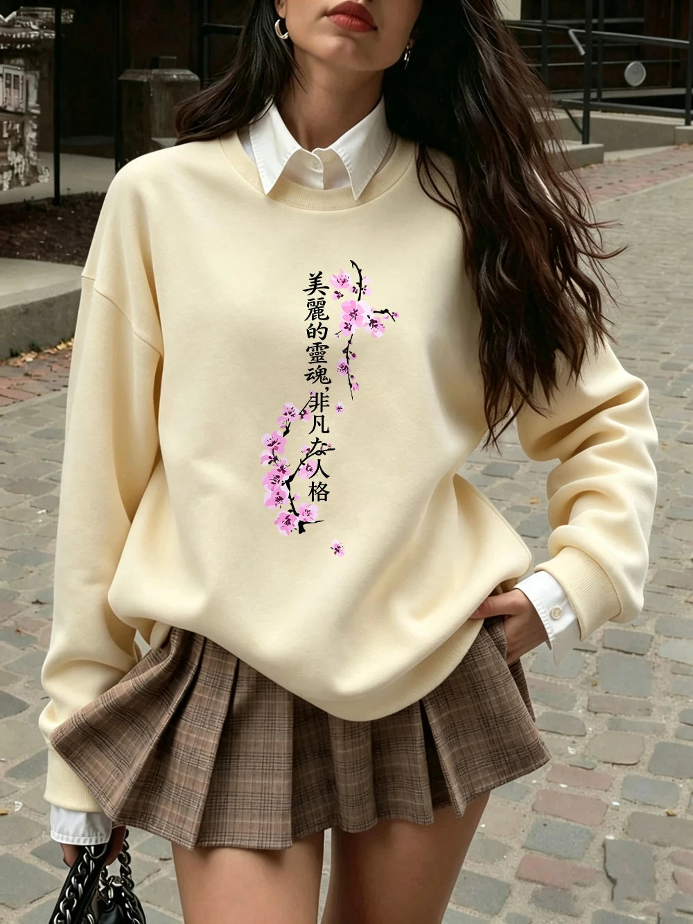 Women’s Sakura Print Fleece Sweatshirt Loose Fit