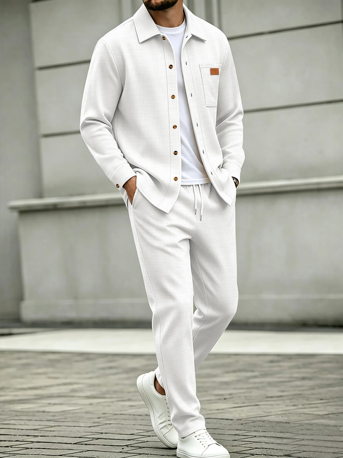 Men's Waffle Knit Casual Two-Piece Shirt Set