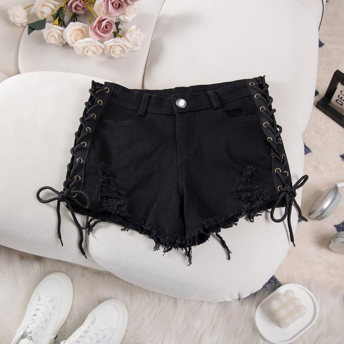 Black Color High Waist Lace-Up Denim Shorts For Women