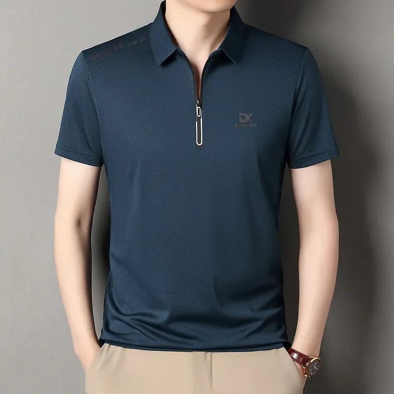 Lake blue Color Men's Casual Zipper Polo Shirt – Lightweight Summer Top
