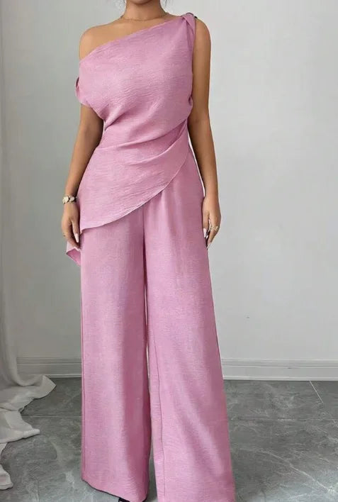 Lotus root color Color One Shoulder Wide Leg Jumpsuit Set For Women