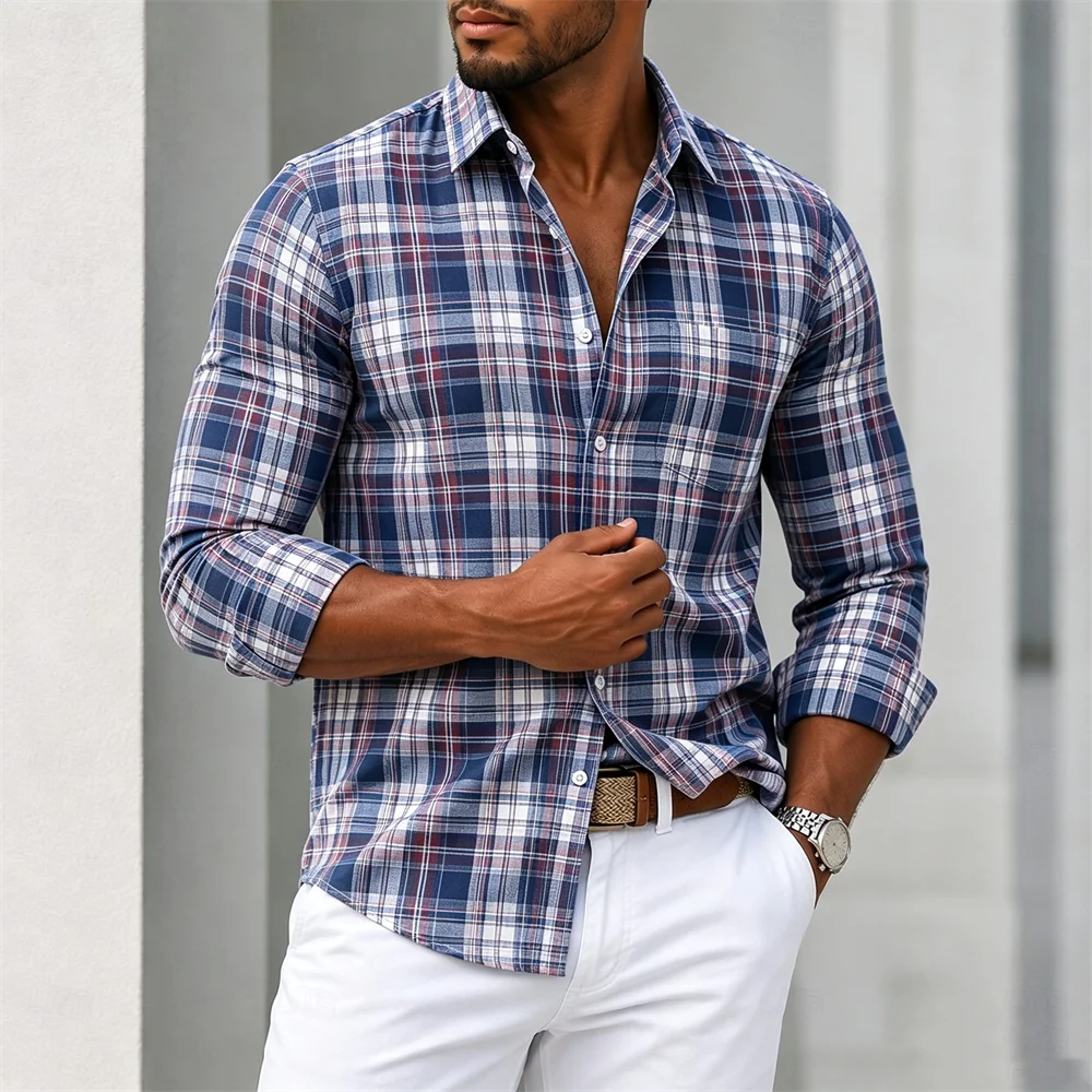 zw2035 Color Men’s Plaid Button-Down Shirt Casual Long Sleeve