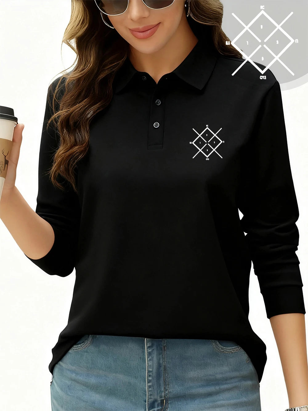 Black Color Women’s Sporty Polo Shirt With Long Sleeves And Letter Print