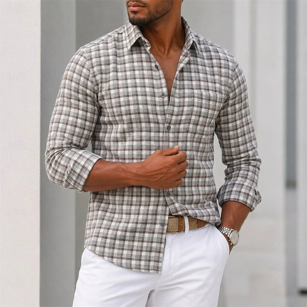 zw2034 Color Men’s Plaid Button-Down Shirt Casual Long Sleeve