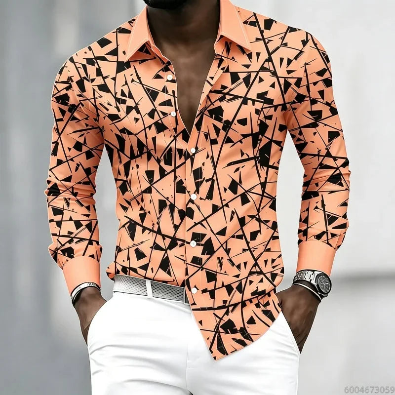 YCZWZW080798A Color Men's Geometric Print Lapel Shirt Casual Long Sleeve