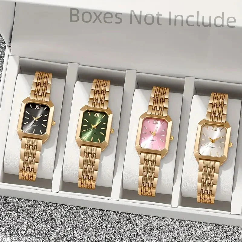 4 pcs Color Women’s Gold Square Quartz Watch – Minimalist Bracelet