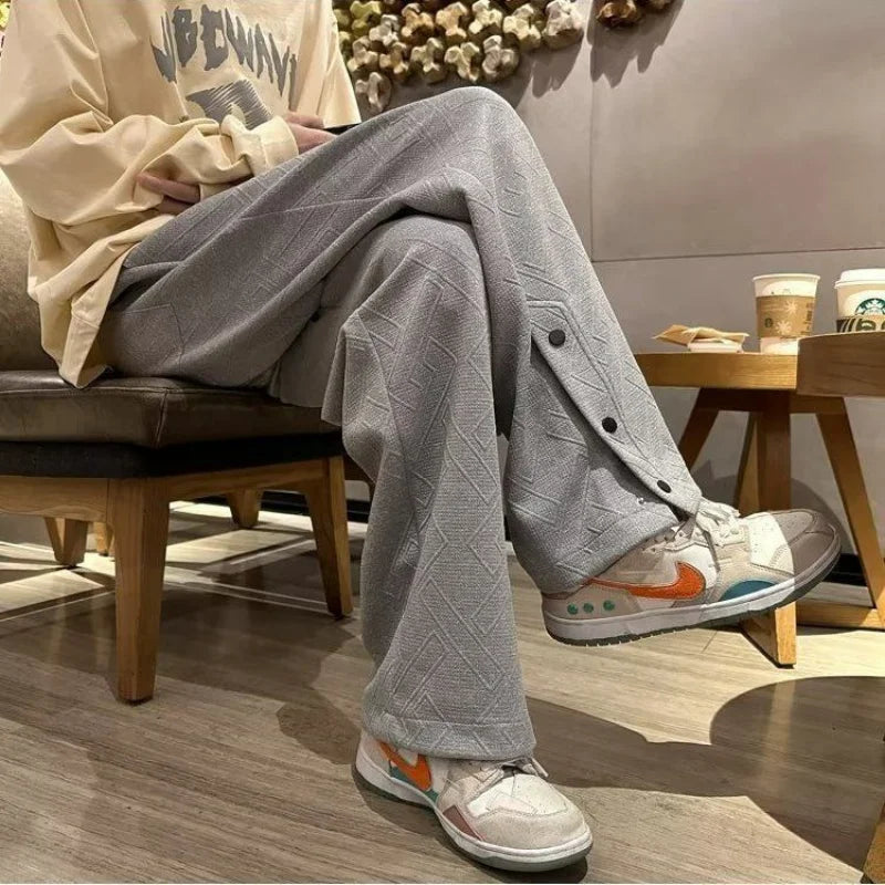Men's Wide Leg Cotton Trousers With Elastic Waist And Pockets