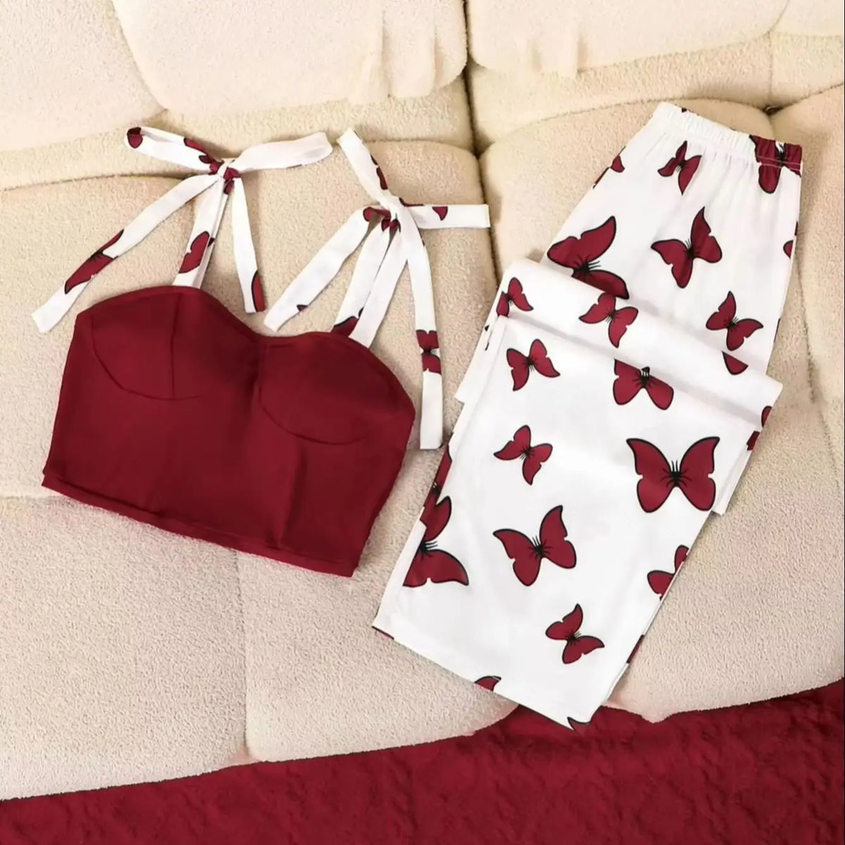 Red Color Women’s Butterfly Print Cami Top And Wide Leg Pants Set