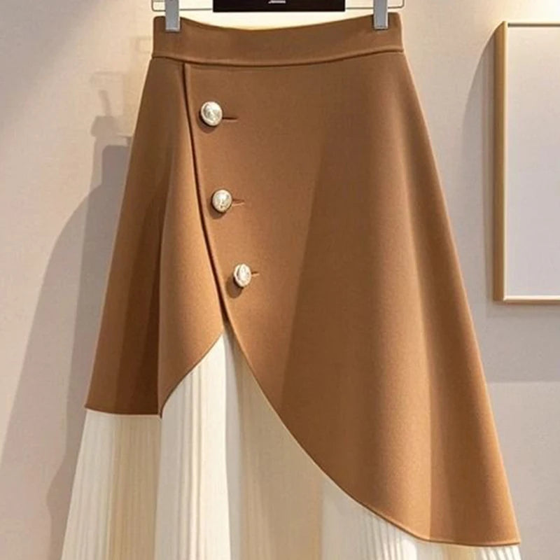High Waist Knitted A-Line Midi Skirt With Buttons