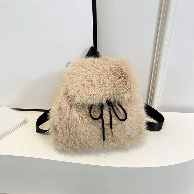 khaki Color Women’s Plush Faux Fur Backpack With Softback Design