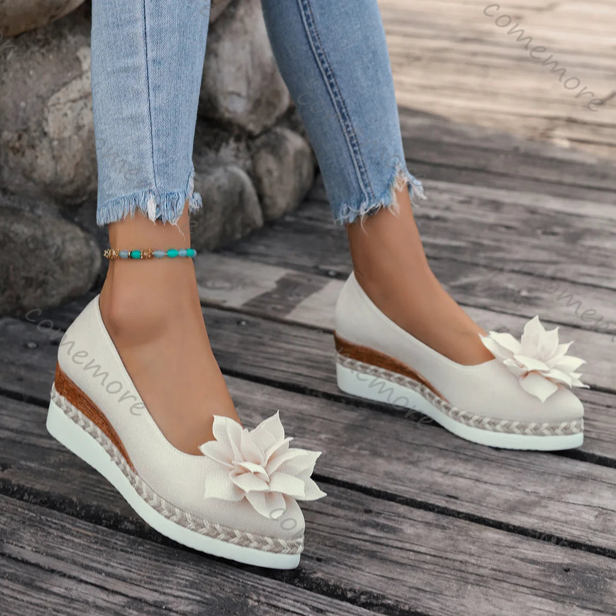 Women’s Faux Suede Wedge Pumps – Flower Detail, Slip-On