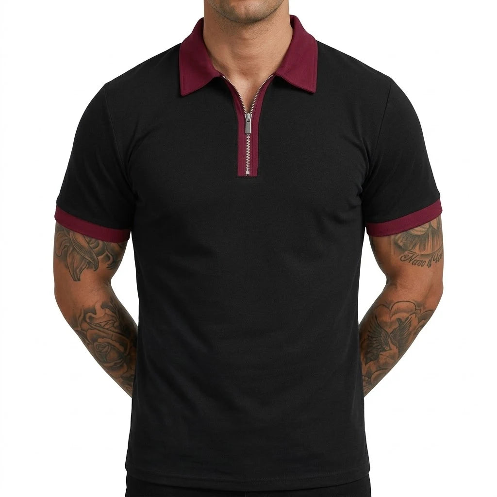 Black Red Color Men’s Zipper Polo Shirt Short Sleeve Moisture-Wicking