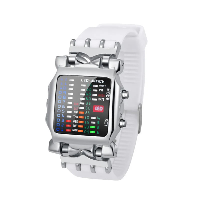 white Color Men's LED Binary Crab Watch – Futuristic Gift Style