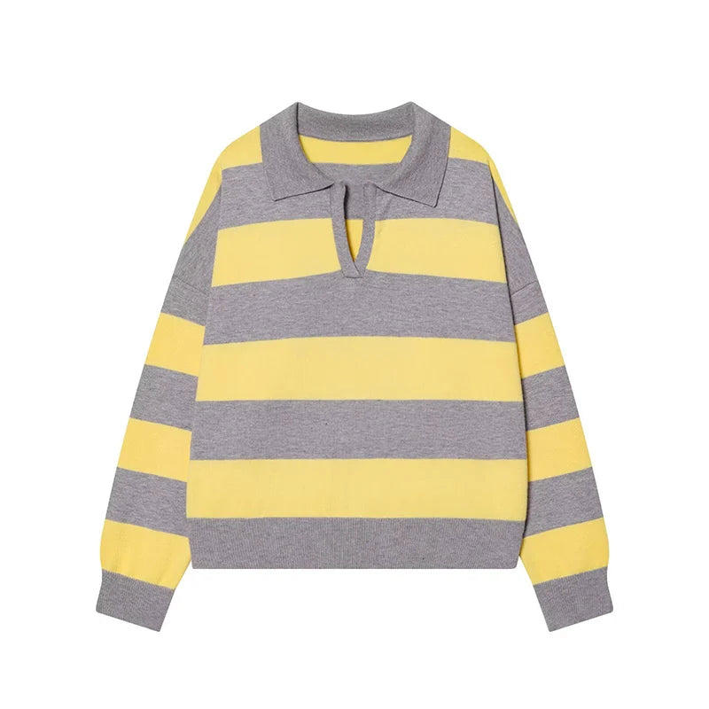 Light yellow Color Women’s Striped Knit Polo Sweater – Casual Loose Pullover