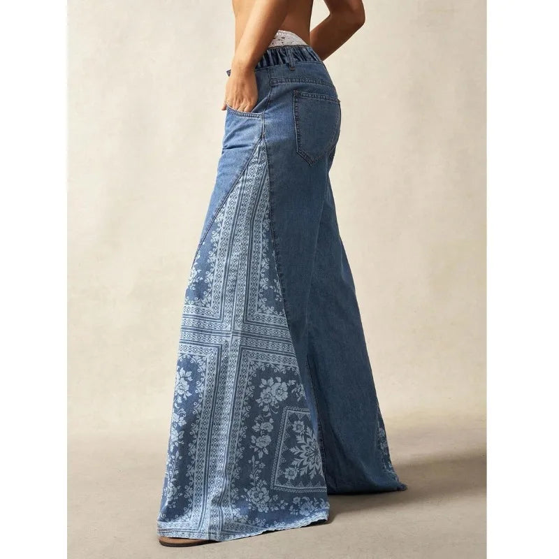 Women’s Floral Patchwork Flare Jeans Loose Wide Leg Denim