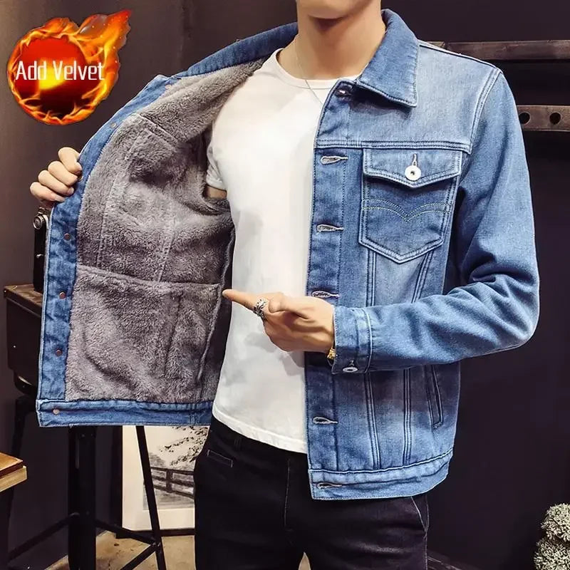 D-Light Blue (Plush) Color Men's Sherpa-Lined Denim Jacket – Warm Winter Coat
