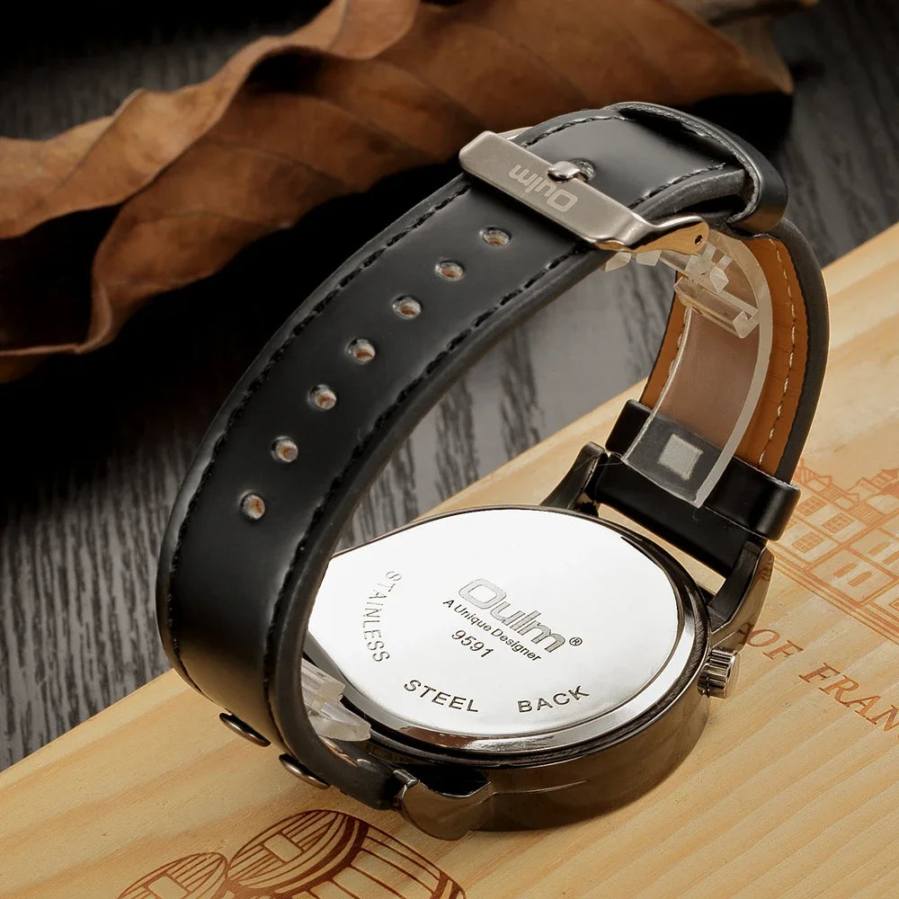 Large Dial Men’s Quartz Watch With Leather Strap
