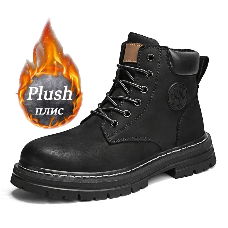Plush Black Color Men’s PU Outdoor Boots With Rubber Sole Lace-Up Design