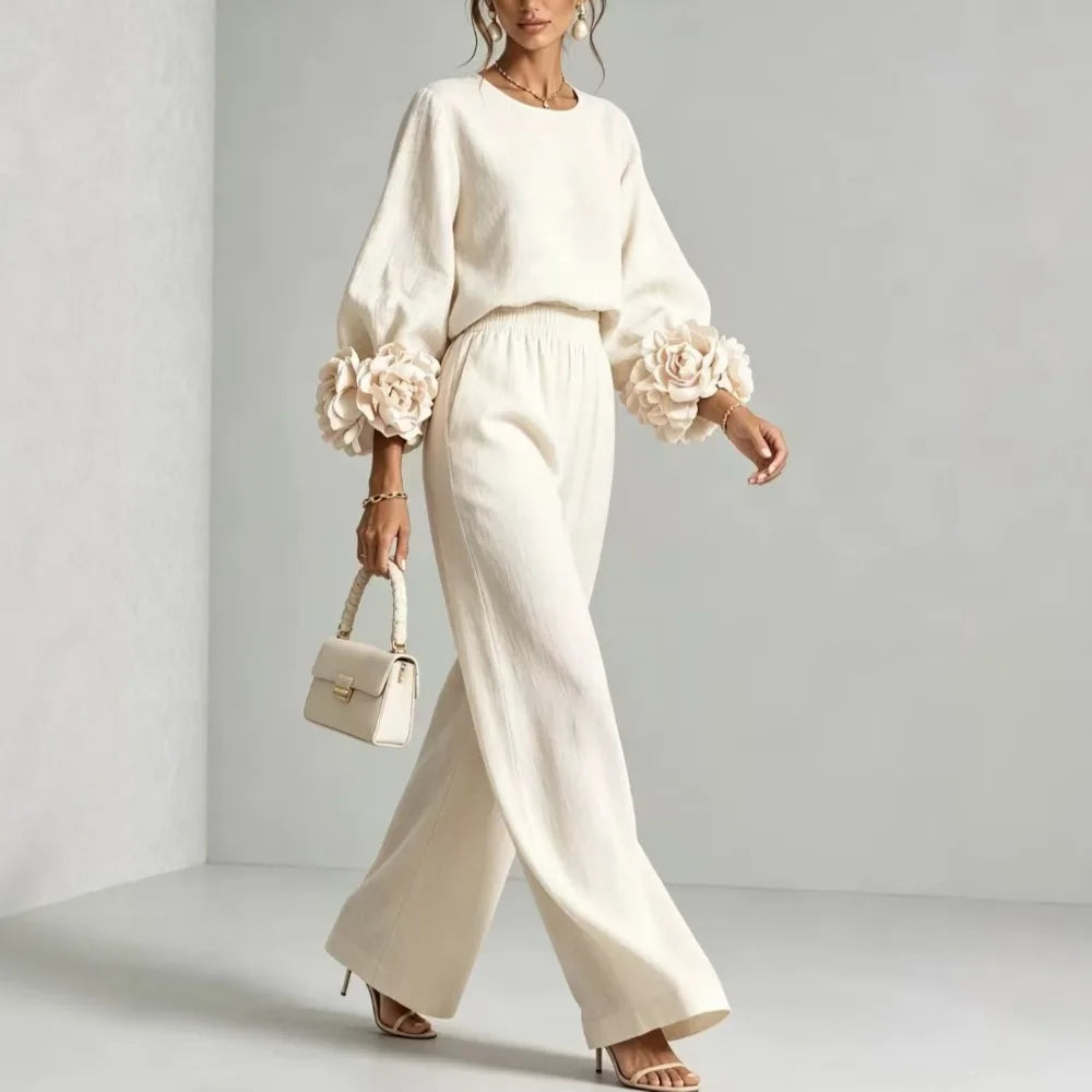 Women’s Floral Two Piece Set with Lantern Sleeve Top