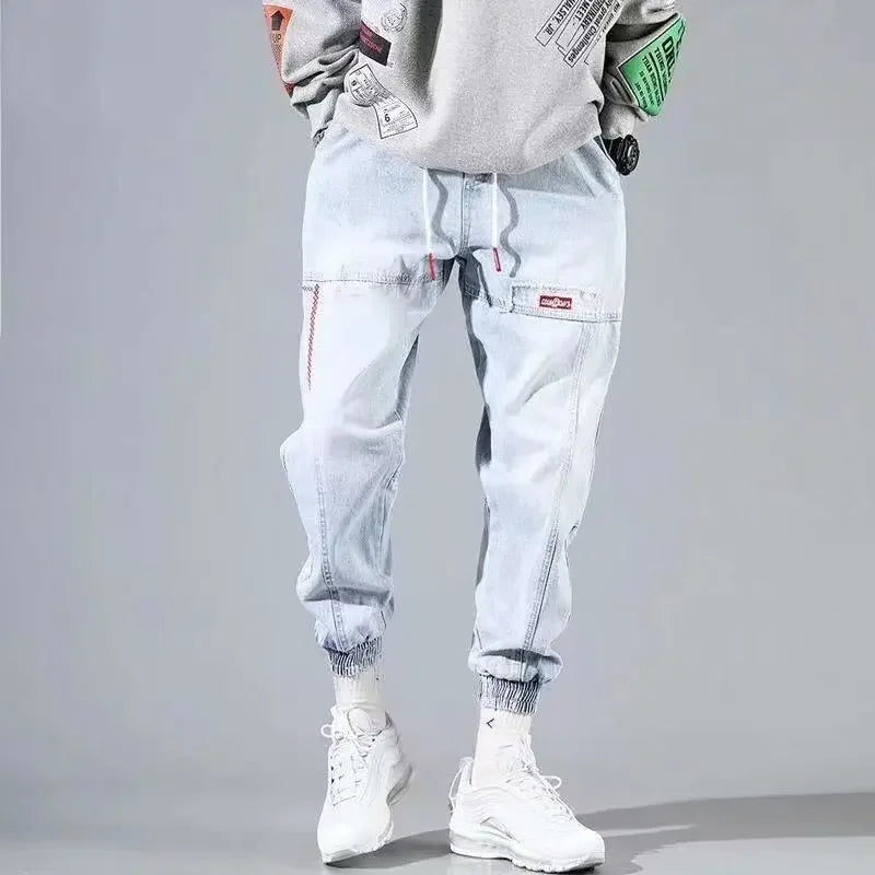 Men's Denim Cargo Jogger Pants Streetwear Elastic Waist