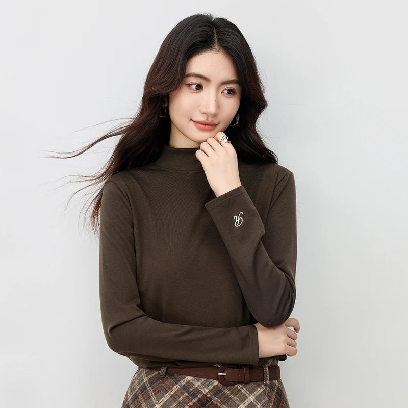 Dark Brown T-Shirts Color Women’s Knitted Turtleneck Top – Thick Letter Embroidery