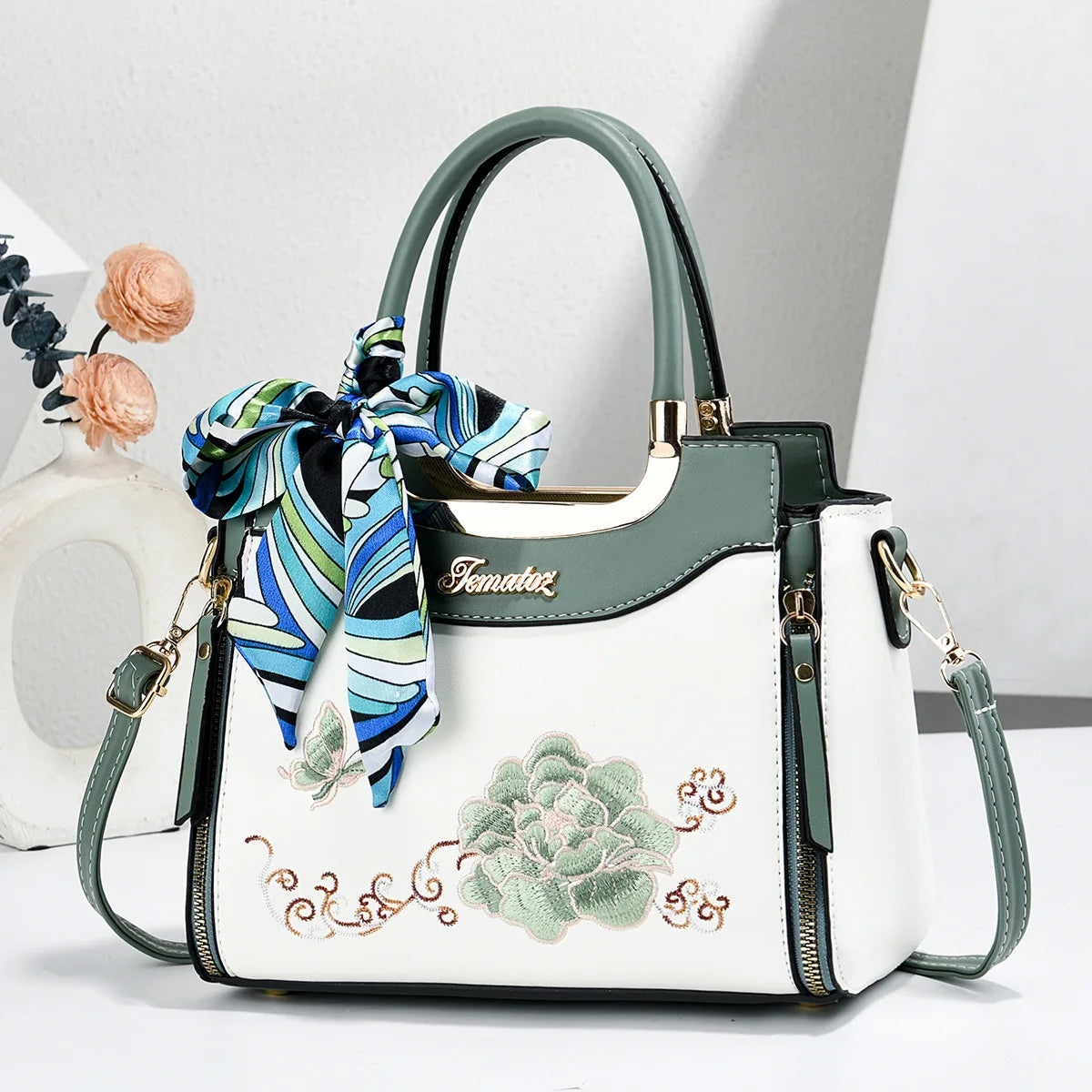 photo color Color Women’s Embroidered PU Leather Shoulder Tote Handbag