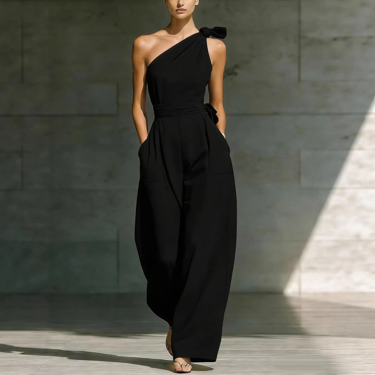 Women’s One-Shoulder Wide-Leg Jumpsuit With Sash Belt