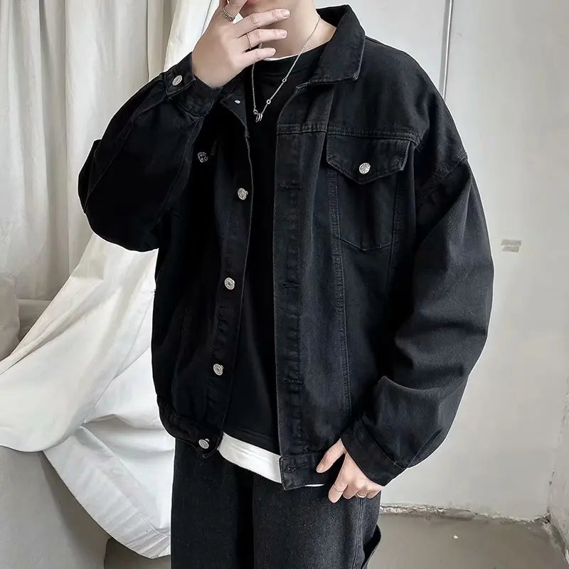 Men's Black Denim Jacket With Pockets, Short Streetwear