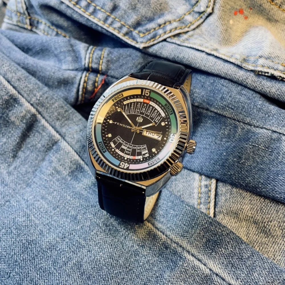 Men's Vintage Quartz Watch With Leather Strap Calendar