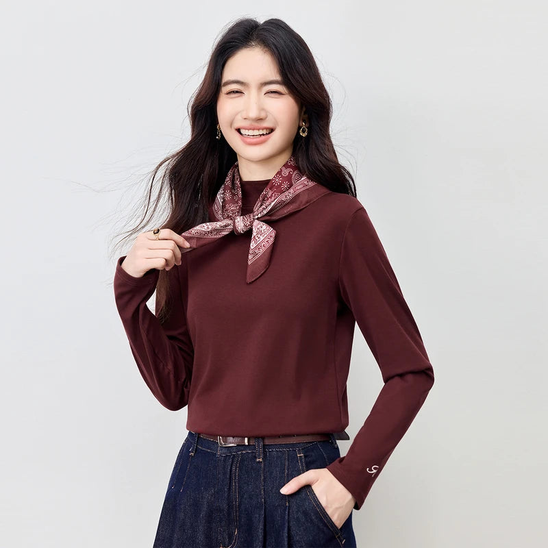 Red T-Shirts Color Women’s Thermal Knit Turtleneck Top With Letter Embroidery