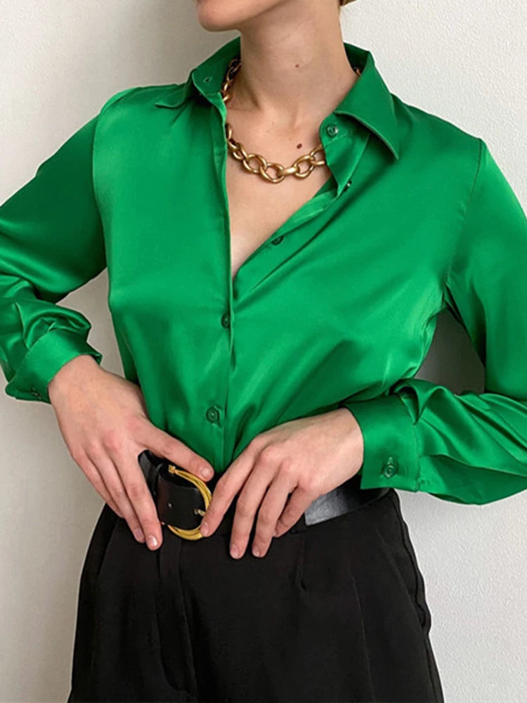 Women’s Satin Button-Up Blouse For Office Or Casual