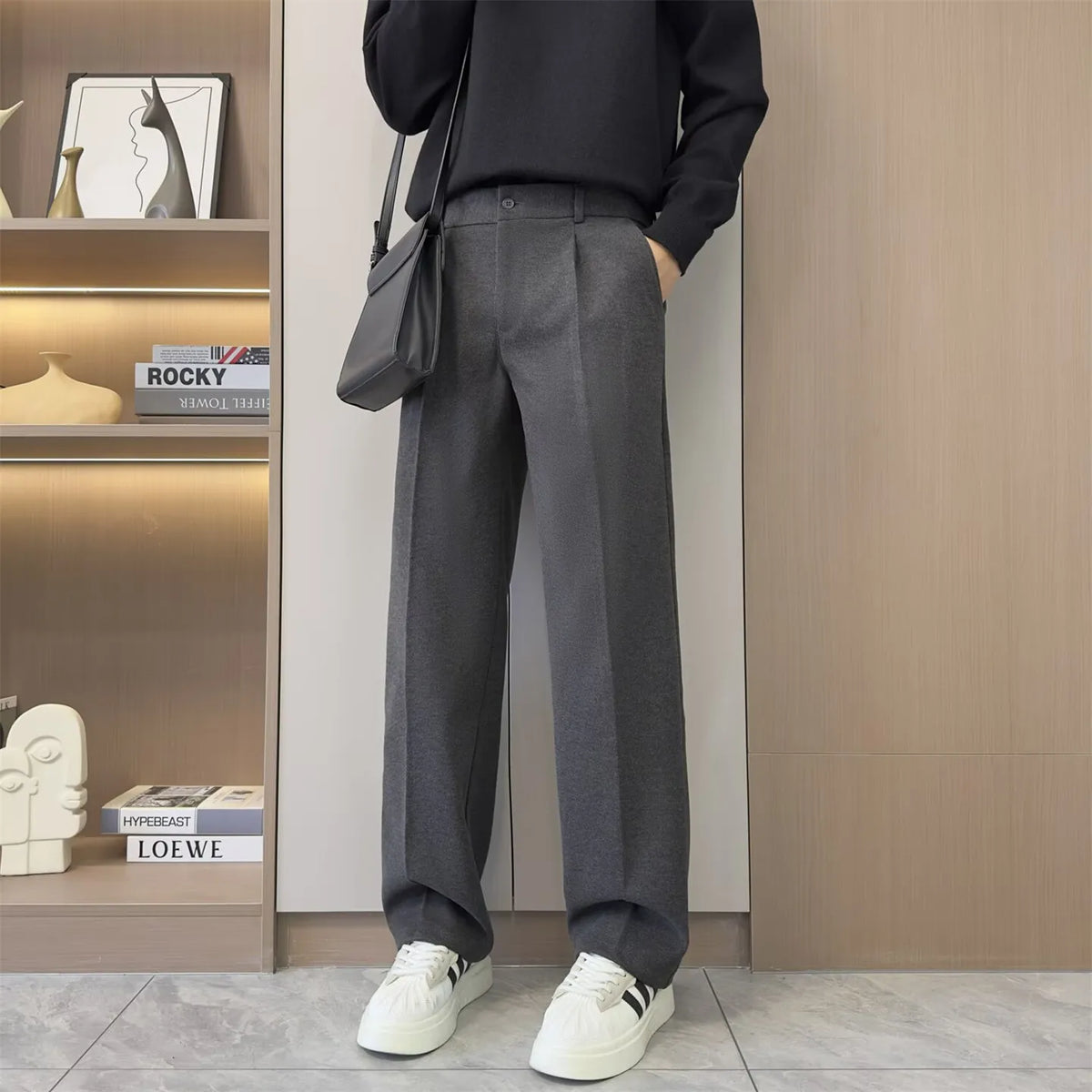 Men’s Woolen Suit Trousers Solid Loose Straight Fit