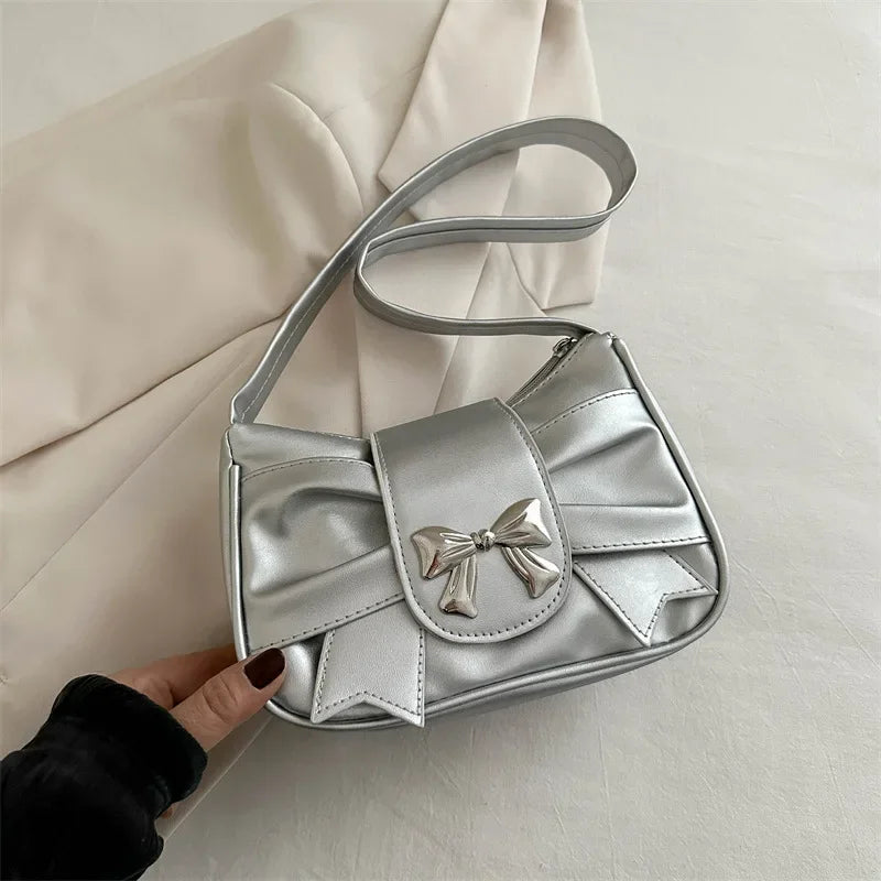 Silver-Bow Color Bow Shoulder Underarm Bag For Women PU Saddle Handbag