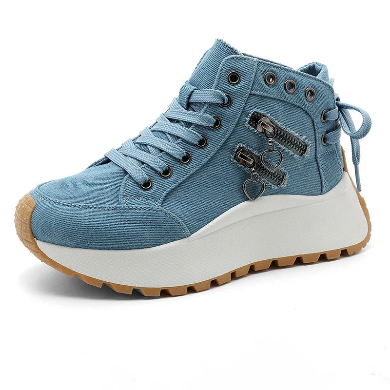 Blue Color Women’s Chunky High Top Canvas Sneakers – Platform Sole