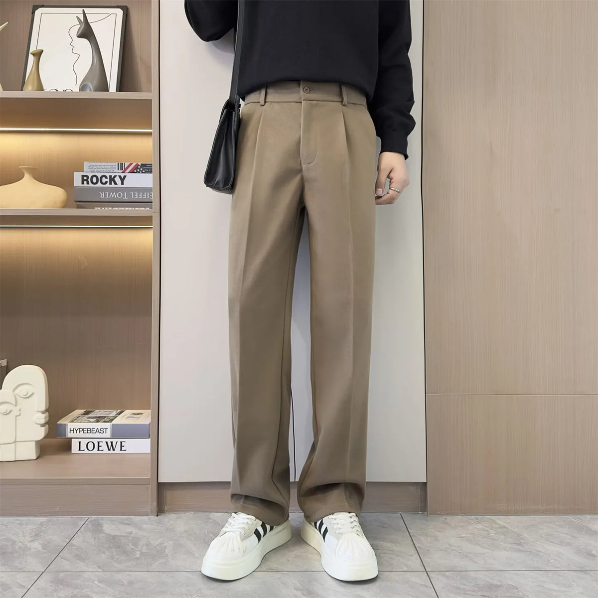 SHENKA Color Men’s Woolen Suit Trousers Solid Loose Straight Fit