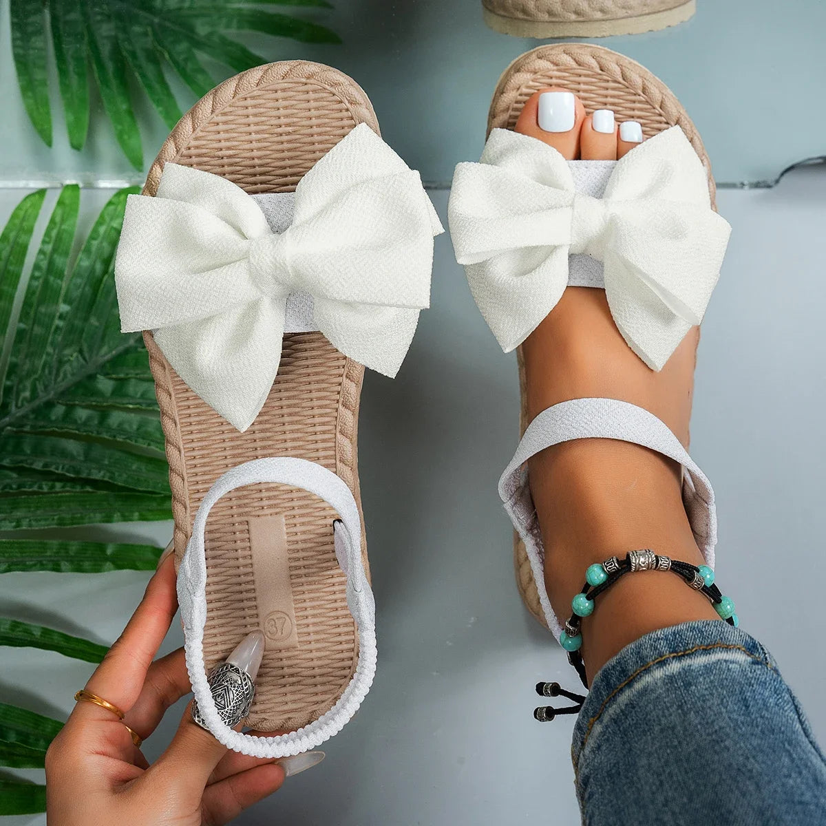 Beige Color Women’s Flat Beach Sandals Slip-On With Bow Strap