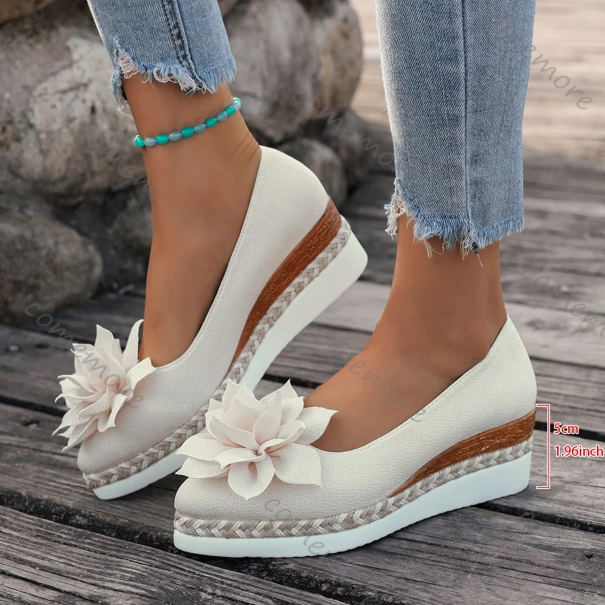 Women’s Faux Suede Wedge Pumps – Flower Detail, Slip-On
