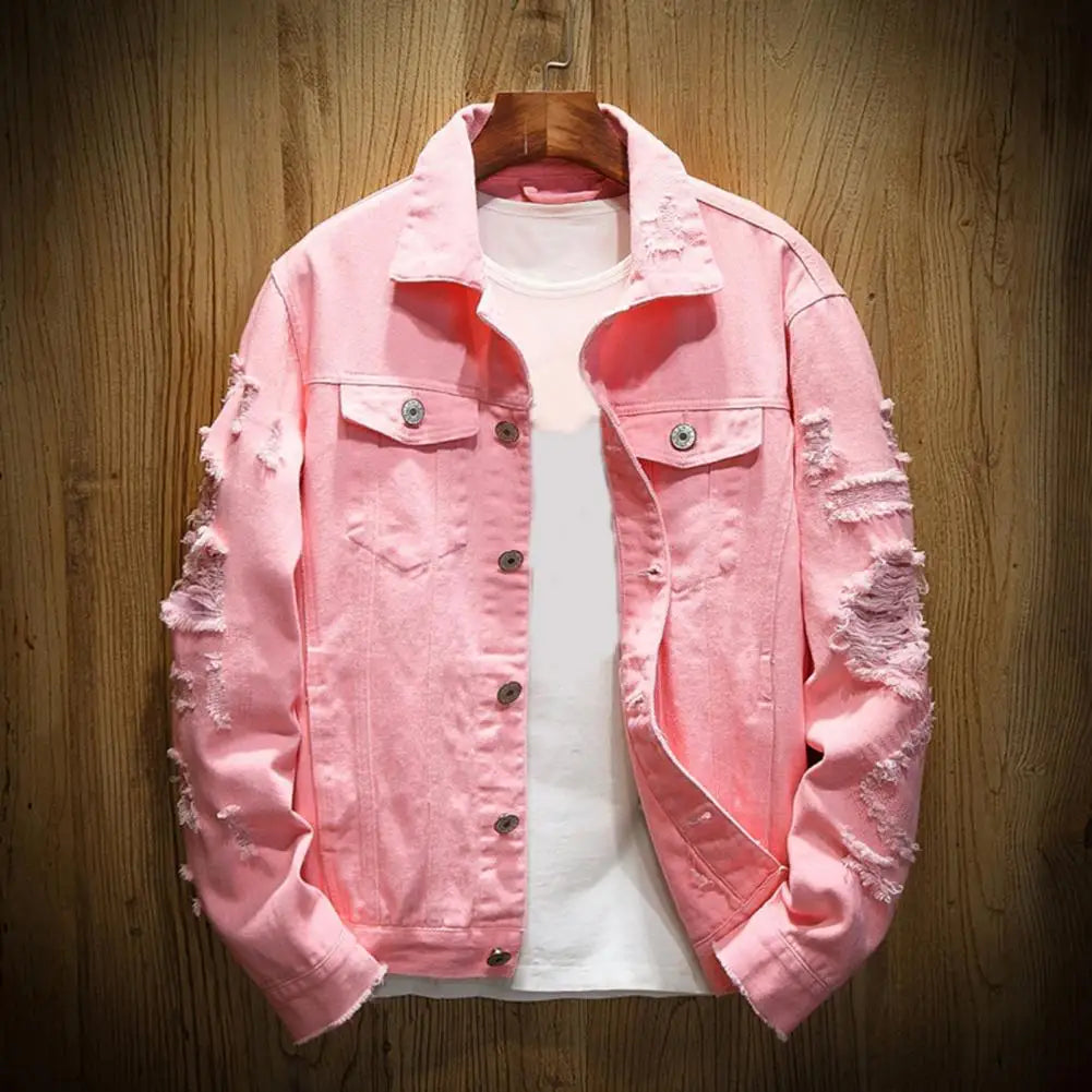 Men’s Ripped Denim Jacket Solid Color Streetwear Coat
