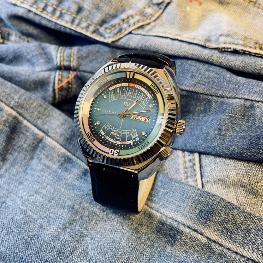 Men's Vintage Quartz Watch With Leather Strap Calendar
