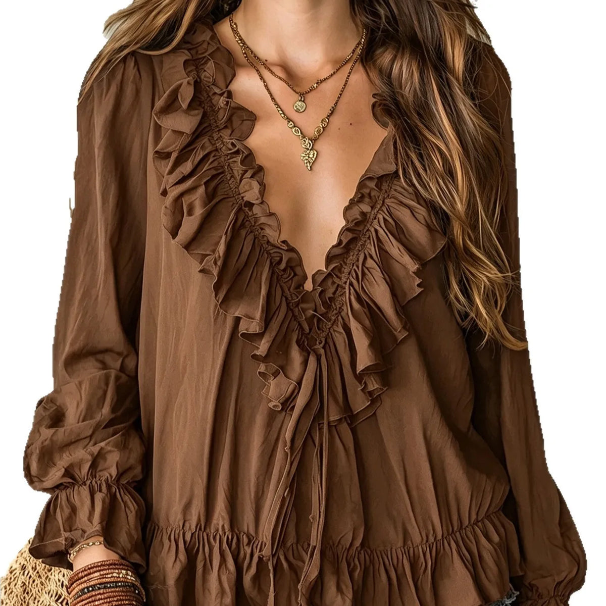 Women’s Chiffon V-Neck Long Sleeve Loose Blouse